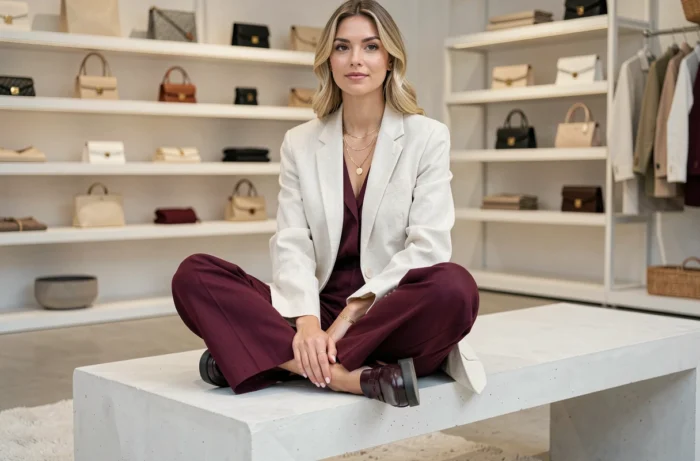 Femme tendance en blazer oversize et pantalon large bordeaux assise dans un concept store minimaliste moderne