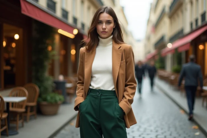 Femme portant un blazer camel oversize et un pantalon large vert forêt dans une rue pavée parisienne, tendances mode automne-hiver