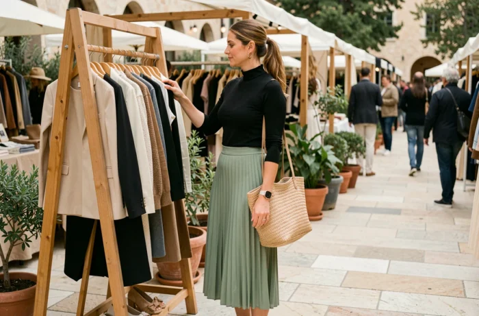 Femme parcourant un marché de mode en jupe plissée verte et sac en raphia, tendances accessoires femme 2024