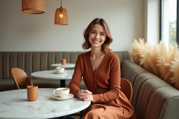 Femme en jupe midi terracotta et cardigan marron assise dans un café scandinave, tendances mode lifestyle automne