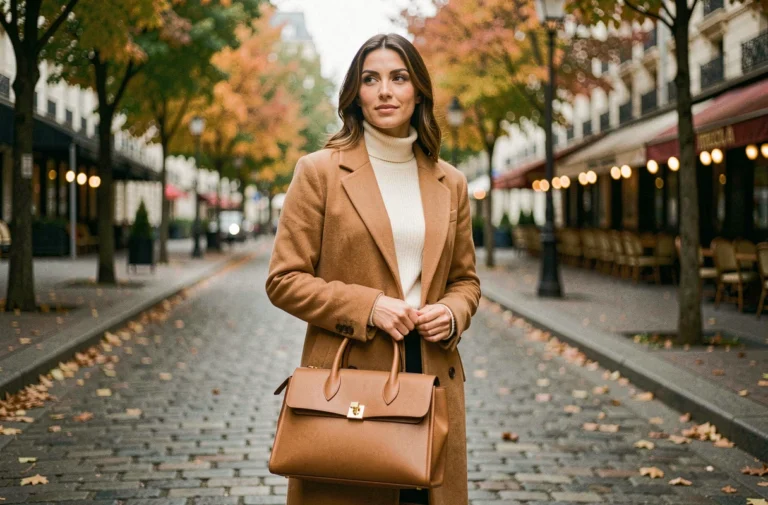 Femme élégante en manteau camel portant un sac en cuir structuré dans une rue pavée parisienne en automne 2024
