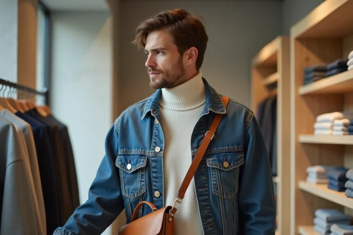 Homme en veste en denim indigo et pull col montant ivoire dans un concept store moderne aux murs en béton, tendances mode masculine