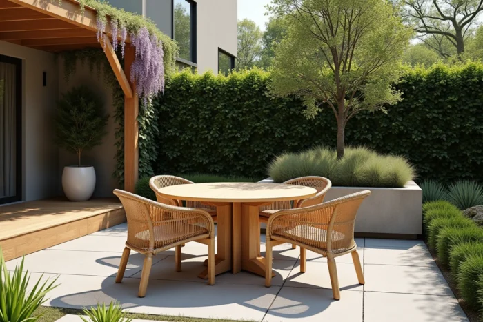 Terrasse de jardin urbain aménagée avec une table en teck, des chaises en rotin et une pergola couverte de glycine
