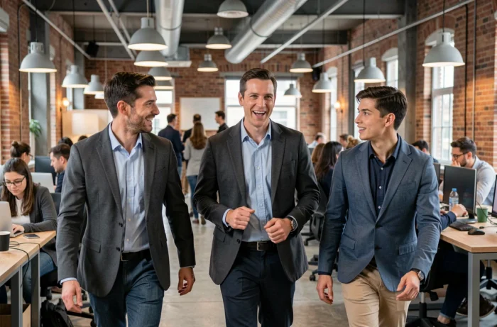 Thibault Richelme en action, échangeant avec des collaborateurs dans un espace de coworking dynamique, incarnant un leadership moderne et accessible