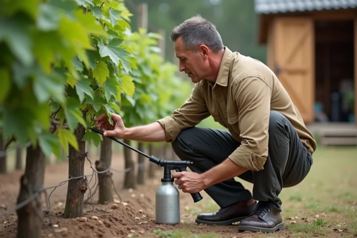 Jardinier traitant la vigne avec un pulvérisateur à main contre les maladies fongiques au jardin