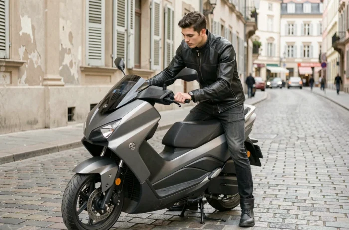 Jeune homme effectuant une vérification pré-trajet sur un Yamaha Xmax 125 dans une rue urbaine européenne