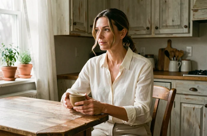 Femme élégante assise dans une cuisine rustique tenant une tasse de thé, regard pensif et atmosphère intimiste
