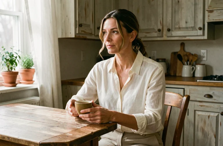 Femme élégante assise dans une cuisine rustique tenant une tasse de thé, regard pensif et atmosphère intimiste