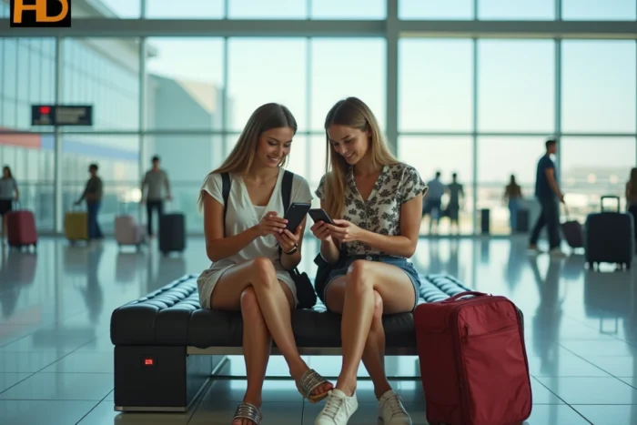 Deux voyageuses consultant des documents et un smartphone dans un terminal d'aéroport international avant leur départ